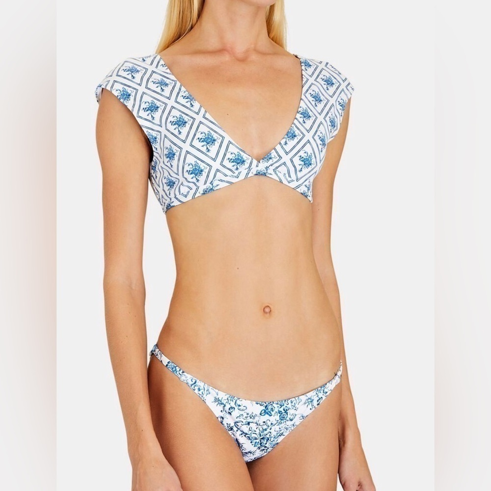 Caroline Constas Sela Bikini Top In Blue Diamond Toile With V-Neck Cap Sleeves
